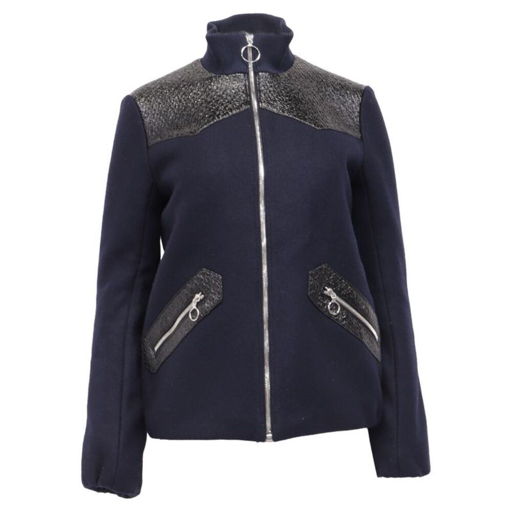 Maje Biker Blousson Zipper Jacket in Navy Blue Wool